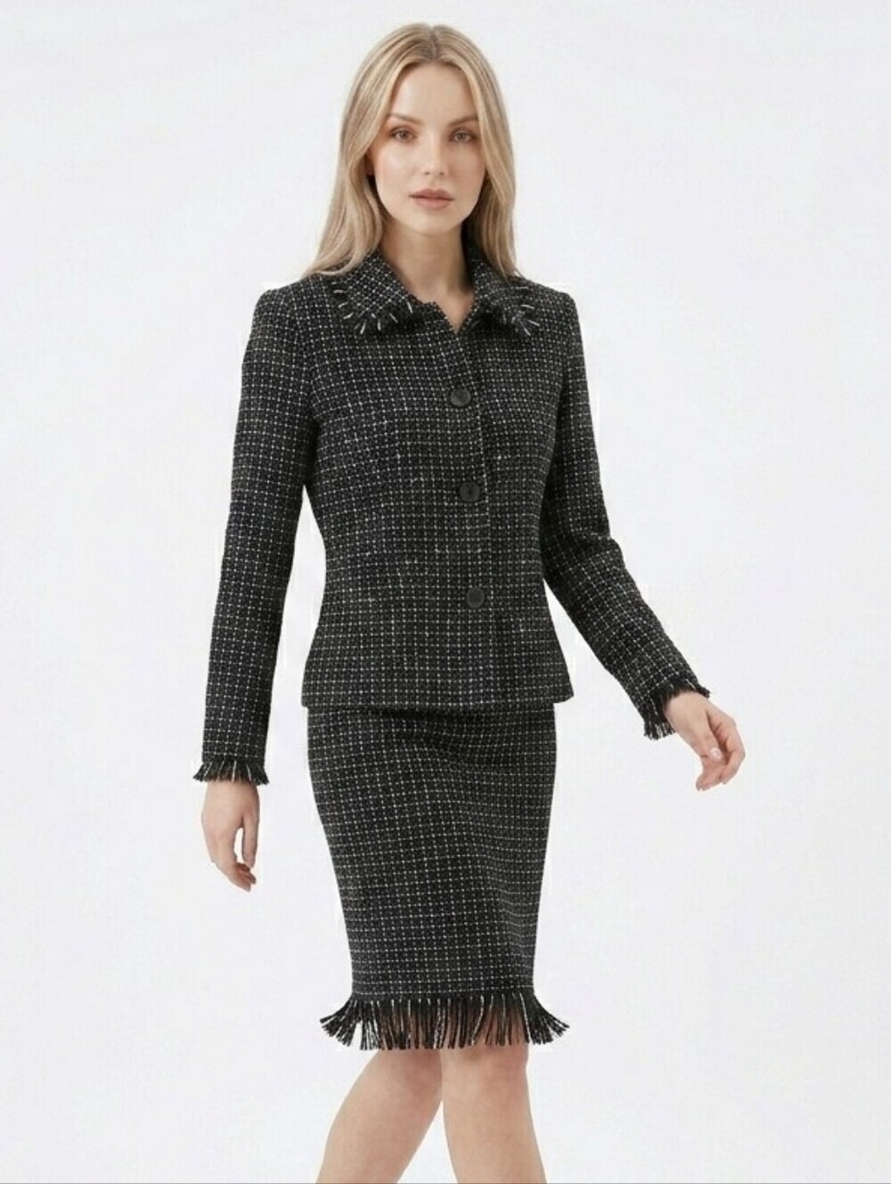 Linda Allard Ellen Tracy Tweed Skirt Suit Set Size 6 Black White Fringe Trim